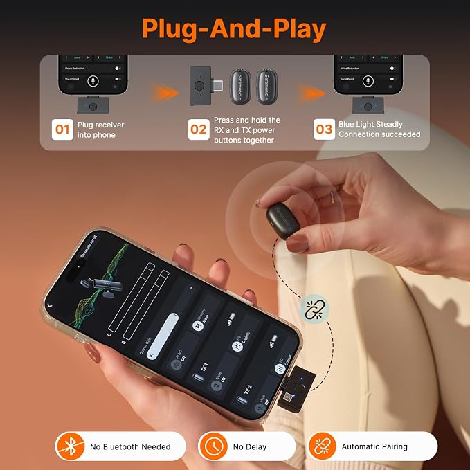 Saramonic Air SE Wireless Mini Microphone for iPhone 17/16/15 & Android, 48kHz/24-bit, AI Noise Cancellation, Clip on Content Creator Microphones for Interview YouTube TikTok Vlogging (2TX + USB-C RX) - Image 7
