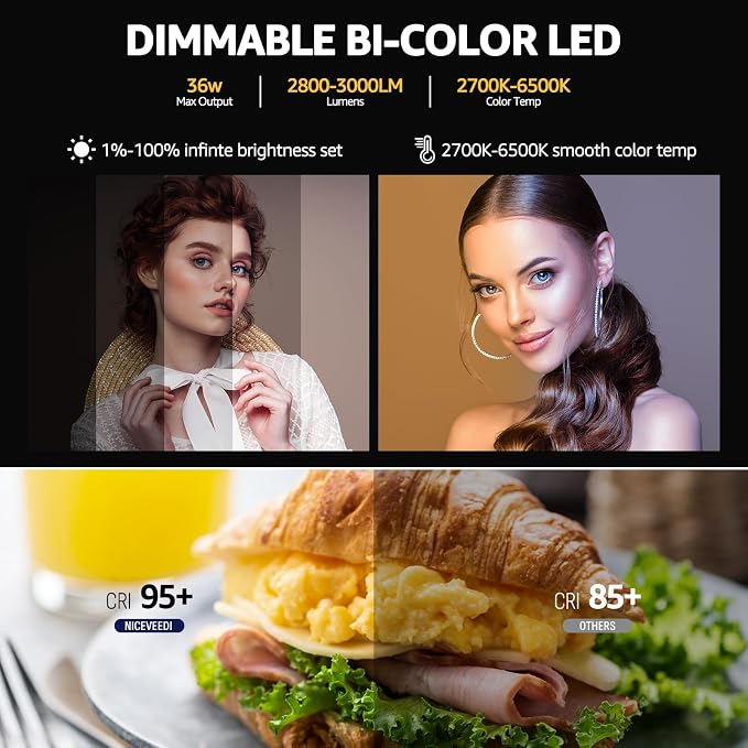NiceVeedi 36W Photography Lighting, Bi-Color Studio Light, CRI 95+, Dimmable AC Adapter Powered LED Video Light Kit with Remote Control & 72” Tripod, Light for Video Recording/YouTube/TikTok/Ins - Image 3