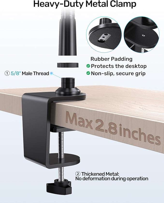 19" Gooseneck Microphone Stand for Desk, Clamp-On Arm with Heavy-Duty Clamp | 5/8-to-3/8 & 1/4 Adapters, Black Steel, Sturdy Clip, Easy Clamp-On Mount, for Podcast, Pulpit, Podium, Studio, Broadcasting - Image 5