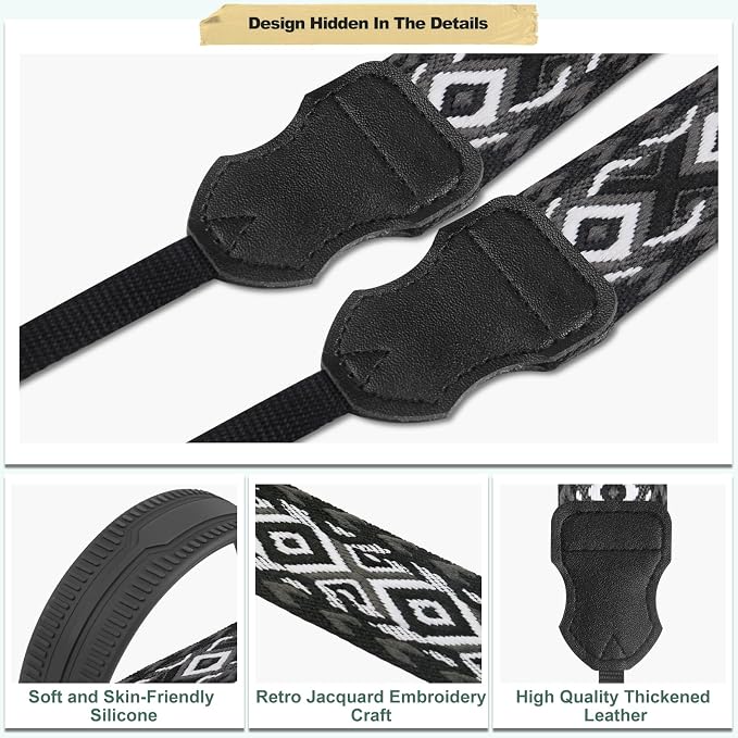 FIEIL Neck Strap Silicone Camera Straps - Padded Camera Strap, 1.5" Wide Adjustable Neck Strap - Compatible with Canon, Nikon, Sony, and More DSLR and Mirrorless Cameras (Khaki Gray Black Rhombus) - Image 3