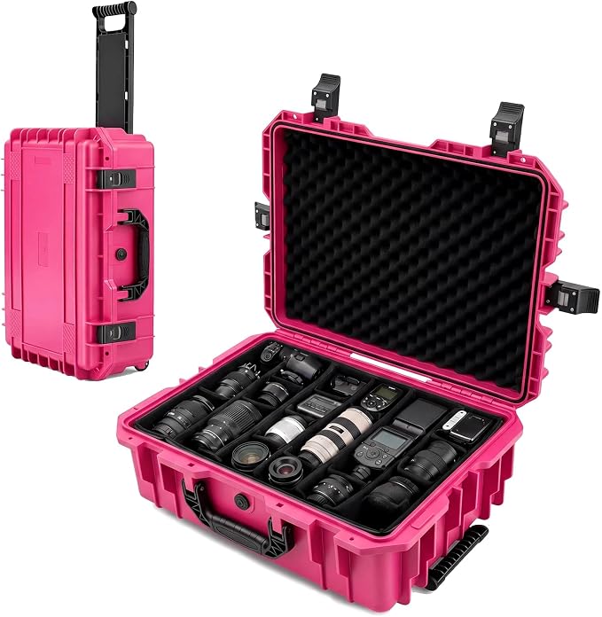 Relaxweex Rolling Camera Hard Case with Padded Dividers & Wheels, Impact-resistant Hard Shell Travel Case for Cameras, Lenses & Accessories(26 x 20 x 10 Inch,Rose Red) by Relaxweex