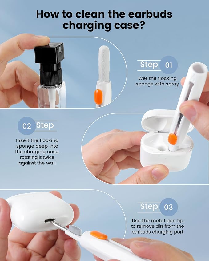20-in-1 AirPod Cleaning Kit Pro 4 3 2 1 Cleaner Tool for Earbud Phone | Multifunction Deep Cleaning Headphones Keyboard Screen with Soft Brush, Metal Tip, Flocking Sponge, 15ml Spray, Cloth, Putty - Image 4