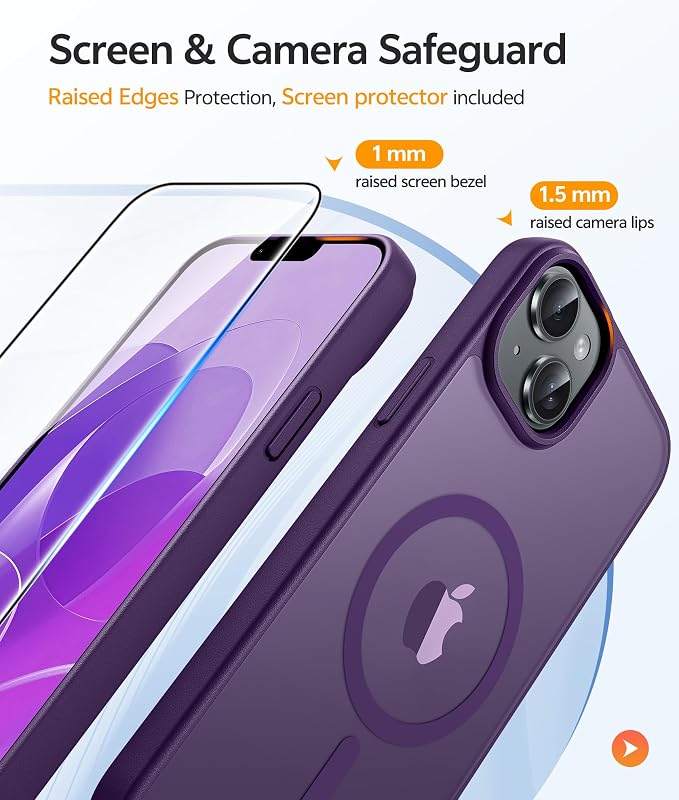 FNTCASE for iPhone 15/14 Plus Case, Fit for Magsafe, Screen Protector | Translucent Matte Magnetic Back, 14FT Military Grade Drop Protection, Shockproof Protective Phone Cover, Purple - Image 4