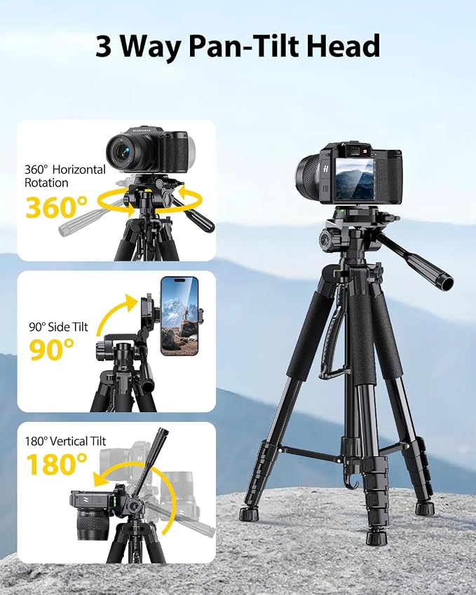 UBeesize 74" Camera Tripod with Phone Holder and Remote, Heavy Duty Tripod Stand with Portable Bag for Phone and Camera, Compatible with DSLR Cameras, Cell Phones, Spotting Scopes and Binoculars - Image 4