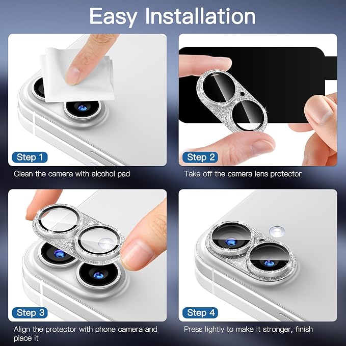 [2 Pack Bling Camera Lens Screen Protector for iPhone 17 with 9H Tempered Glass Aviation Aluminum Plate Cover Metal Ring,Night Circle,No Bubble,HD Clarity,Easy Installation-Glitter Silver - Image 8