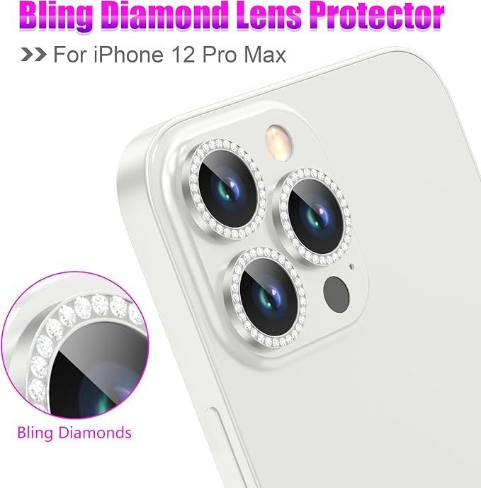 AGVEE 3+3 6 Pack for iPhone 12 Pro Max Camera Lens Protector Cover | Individual Bling Diamond & Bling Glitter Sparkle Cute Gem Metal Ring, 9H Tempered HD Glass - Image 4