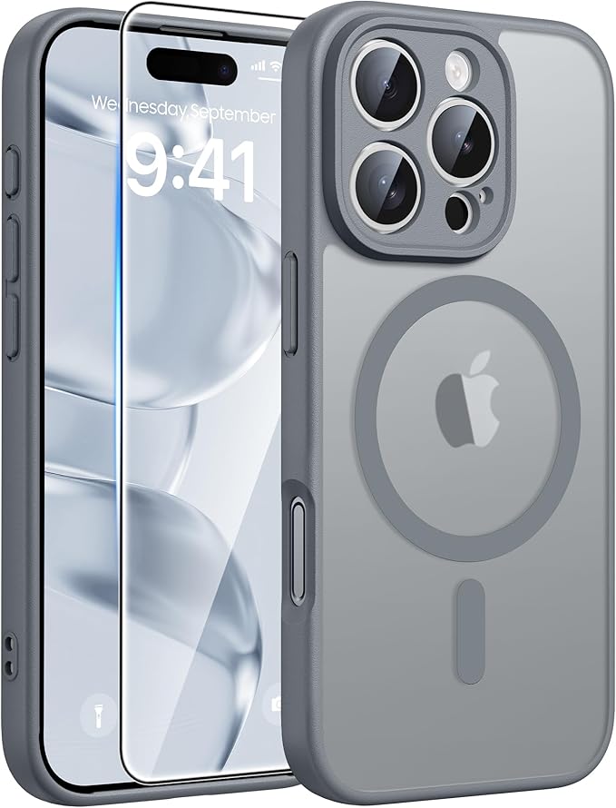 FNTCASE for iPhone 16 Pro Case, Fit for Magsafe, with Screen Protector Gray | Full Camera Protection, Translucent Matte, 14FT Military Grade Drop Proof, Shockproof Protective Phone Cover, Gray by FNTCASE