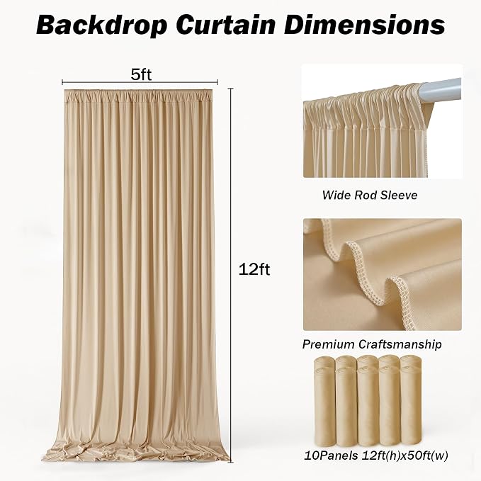 50x12 ft Champagne Backdrop Curtains for Weddings, Birthdays and Photos | 10 Panels 5x12 ft, Wrinkle-Free Polyester Drapes, Washable, Ironable, 4 in Rod Pocket for Baby Showers Photography Background - Image 7