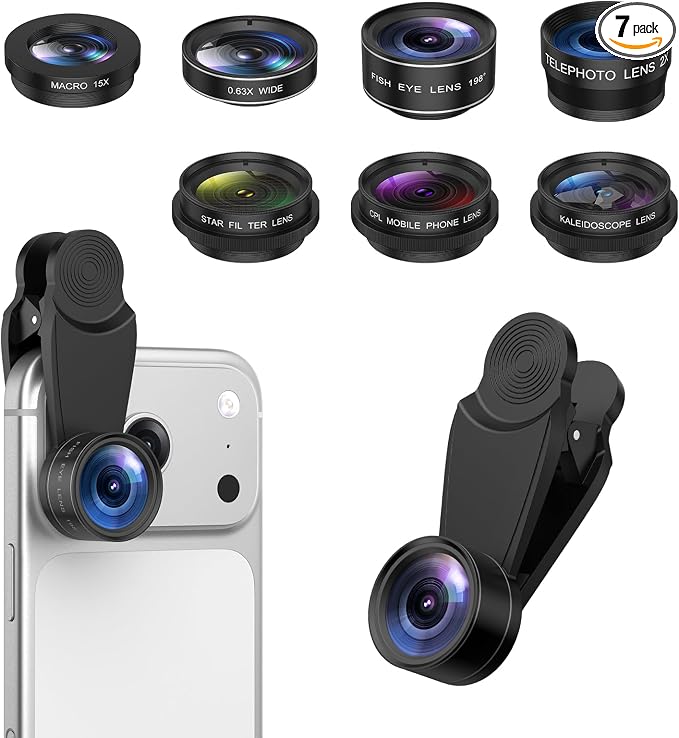 AMIR 7 in 1 Phone Camera Lens Kit with 2X Telephoto, 0.63X Wide Angle, 15X Macro, 198° Fisheye, CPL Filter, Star & Kaleidoscope Lens, HD Mobile Lens Set for iPhone, Samsung & Smartphones by AMIR