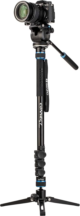 Benro Connect Video Monopod with S2 PRO Flat Base Fluid Video Head, Head Mounts to 3 Leg Base, 2.5kg Max, 3 Leg Folding Base w/Ball Lock, Flip Lock, Carrying Case - Image 3