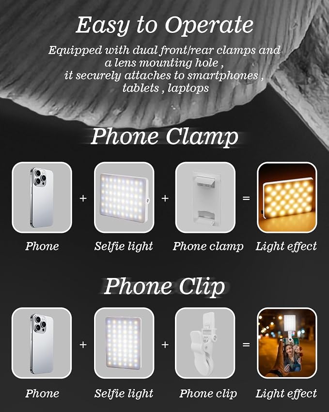 60 LED Portable Selfie Light Video Conference Lighting with Clip & Camera Tripod Adapter Rechargeable 2000mAh CRI 97+, 3 Light Modes for Phone iPhone Webcam Laptop Photo Makeup (Pure White) - Image 5