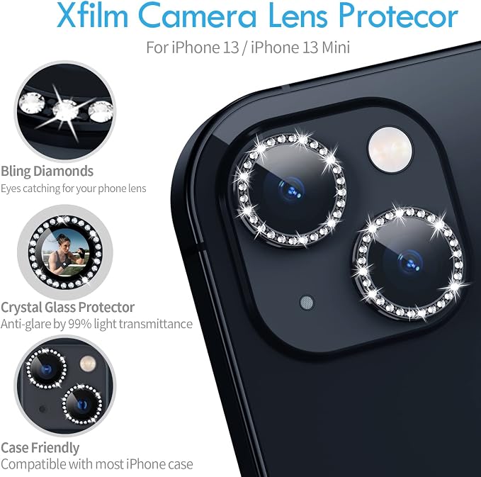 for iPhone 13/13 Mini Camera Lens Protector Bling Diamond, Black | Individual Metal, 9H Hardness, Scratch Resistant, Shockproof, Drop Protection, Case Friendly, Stylish Accessories - Image 5
