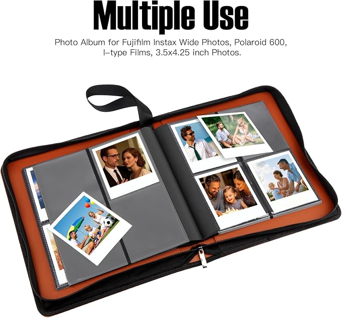 Veicevol 256-Pocket Album for Polaroid i-Type, 600 & SX-70 Photos, Brown | Designed for Fujifilm Instax Wide Photos, Water-Resistant PU Leather Cover, Zipper Closure, Securely Holds Up to 256 Photos - Image 2