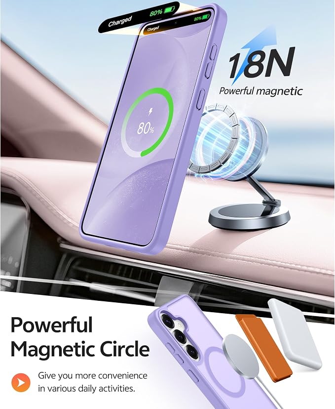FNTCASE for Samsung Galaxy S25/S24 Case, Fit for Magsafe, Screen Protector | Translucent Matte Magnetic Back, 14FT Military Grade Drop Protection, Shockproof Protective Phone Cover, Light Purple - Image 3