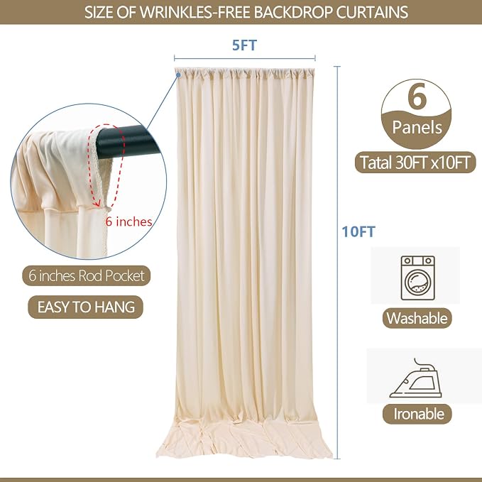 30x10ft Wrinkle Free Backdrop Curtain for Parties Soft Fabric Drapes Wedding Cream Curtain Backdrop for Birthday Party Decorations Background for Photography 5x10ft,6 Panels - Image 3
