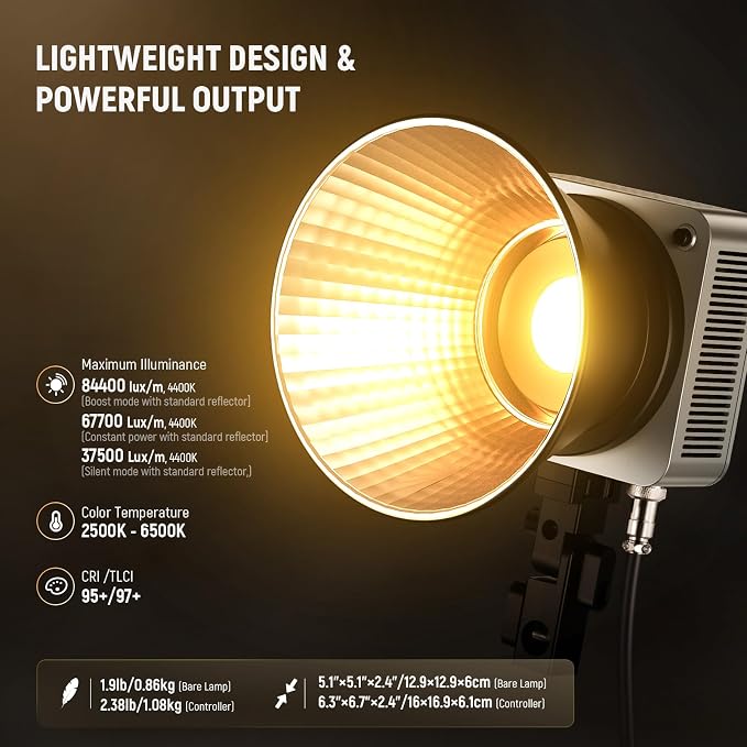 NEEWER HS200B Portable LED Video Light APP/2.4G/DMX Control, 280W 84400lx/1m Bi Color 2700-6500K CRI95+ COB Continuous Output Key Lighting Bowens Spotlight for Recording Streaming Studio Photography - Image 2
