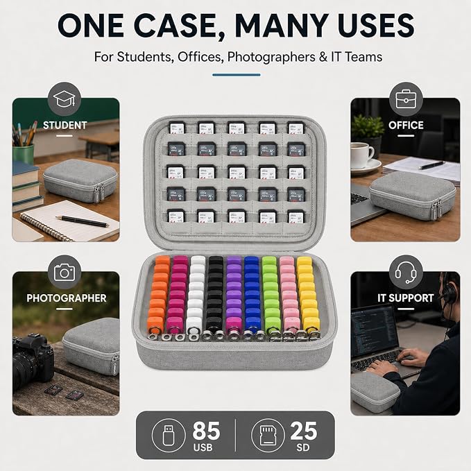 Comecase USB Flash Drive Case, Holds 85 USB Drives and 25 SD Cards | Pre-Cut Foam Fits Mixed Drive Sizes Flash Drive; EVA Shell Protects Data on the Go, Grey, X-Large, Case Only - Image 8