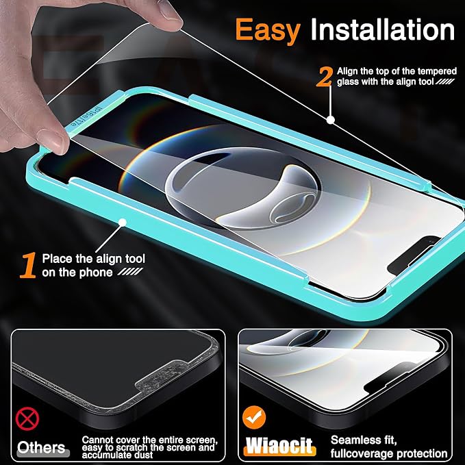 Wiaocit Tempered Glass Screen Protector for iPhone 16e/iPhone 17e | 3+3 Pack, 9H Hardness, Camera Lens Protector, Installation Frame, Bubble Free, Case Friendly - Image 2