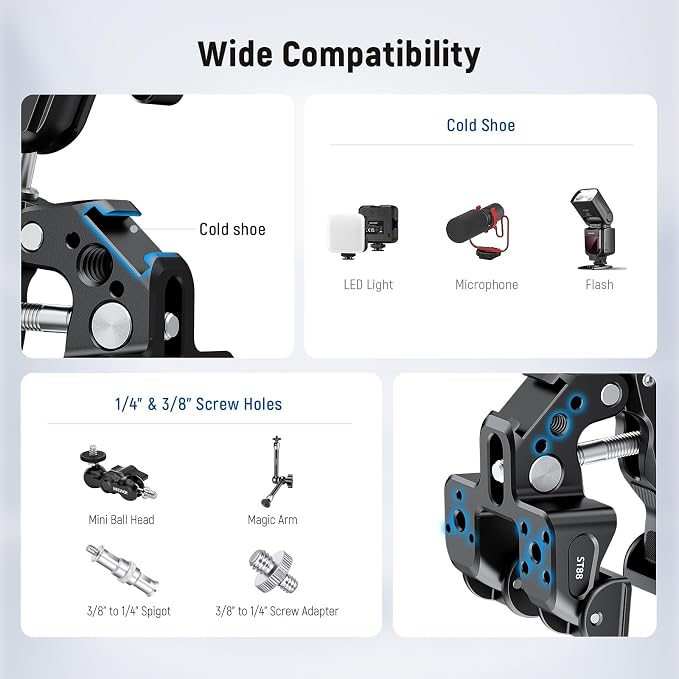 NEEWER Super Clamp with 3" Dual Ballhead Magic Arm Camera Phone Mount, ST88 | With 1/4" and 3/8" Threads, Cold Shoe, Phone Holder, Action Camera Adapter, Compatible with GoPro DJI iPhone 16 15 Pro Max - Image 5