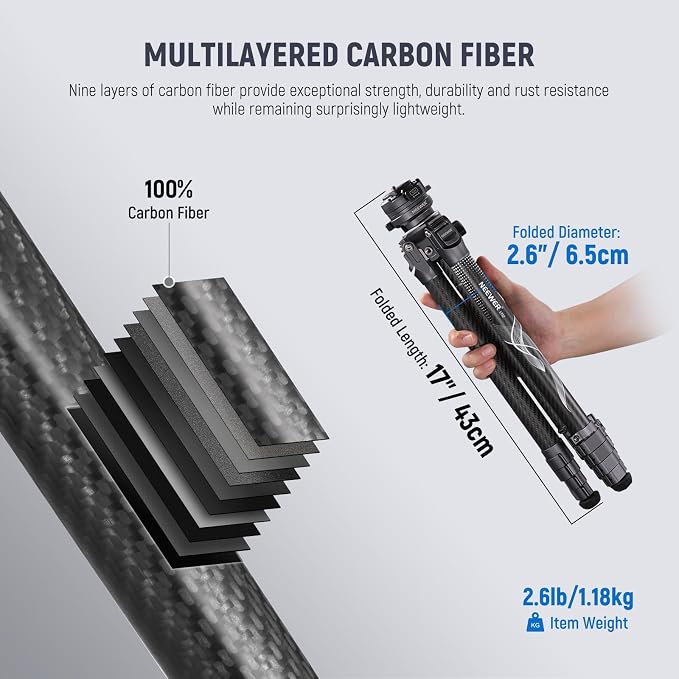 NEEWER LITETRIP LT32 Camera Travel Tripod, Carbon Fiber Portable Stand, Ball Head Detachable Center Axis Flip Buckle Cleaning Cloth Arca QR Plate Compatible with PD (Former TP62) - Image 3