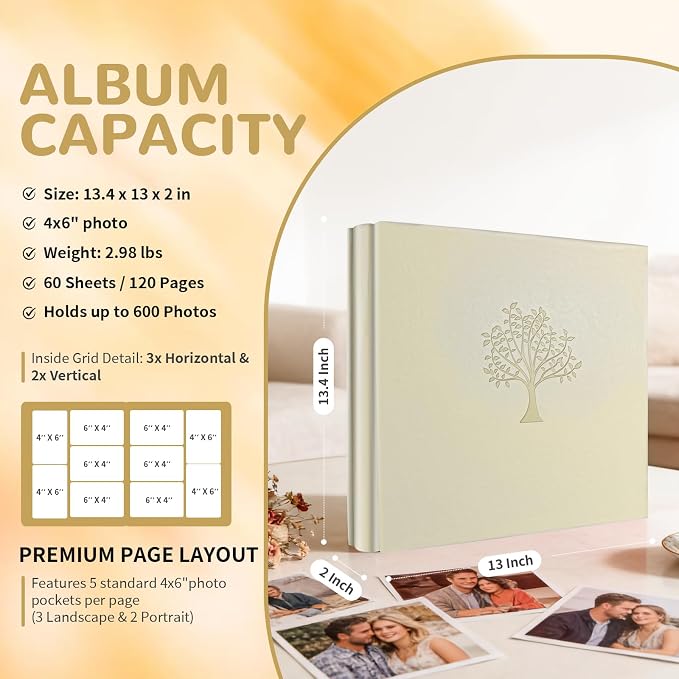 Photo Album 4x6 600 Pockets Photos, Large Capacity Leather Cover Photo Book | Slip-In Horizontal & Vertical Pockets Acid-Free Waterproof Picture Albums Great for Family Baby Wedding Holiday & Anniversary - Image 2