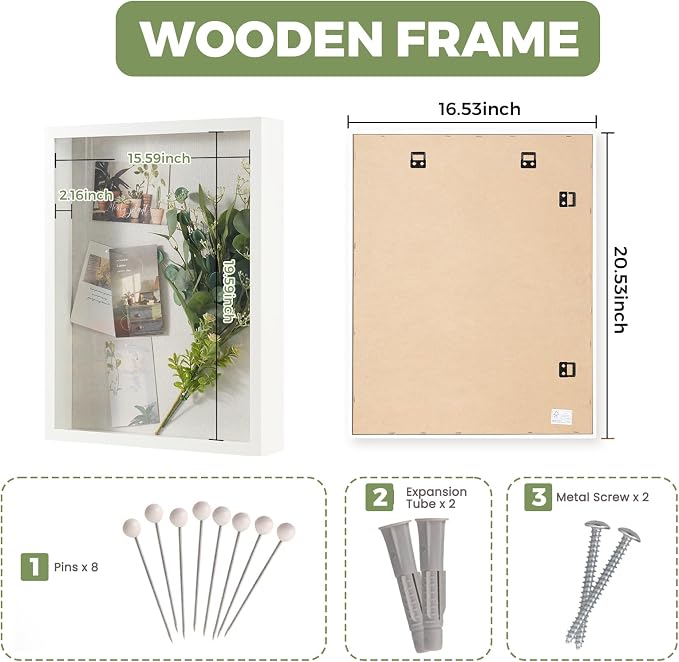 Muzilife 16x20 Shadow Box Wood Picture Frame, 2.16 Deep, Real Glass, White | FSC-Wood, Magnetic Door, Linen Interior & Pins, Vertical, Horizontal Wall Hanging, Display Case Frame for Photos & Keepsakes - Image 3