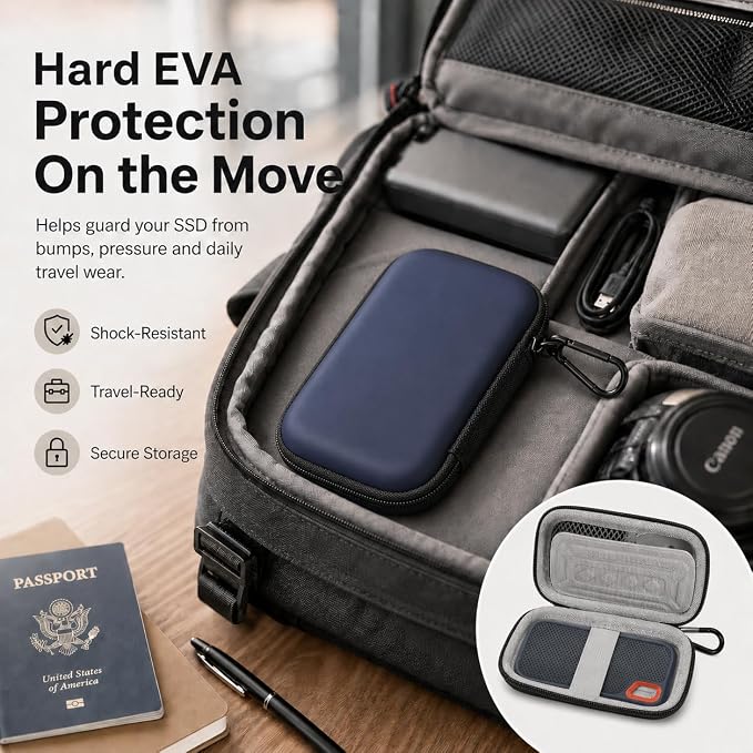 SSD Case for SanDisk Extreme Portable SSD & Extreme PRO, Hard Shell Protective Storage Bag with Carabiner, Fits 1TB 2TB 4TB 8TB External Solid State Drive for Business Travel (Blue) | Elastic Strap Secures the SSD, Mesh Pocket Organizes Cables, Carabin... - Image 5