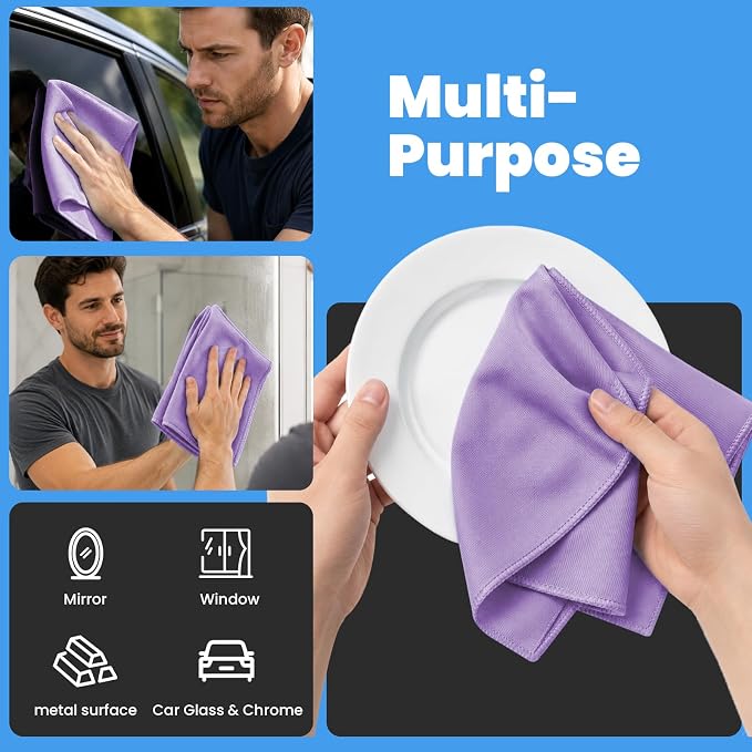 Puomue 12 Pack Microfiber Glass Cleaning Cloth, 10.8 Inch x 13.8 Inch, Lint Free Quickly Clean Windows, Mirrors, Glasses, Phone Screens, Camera Lenses, Purple - Image 4