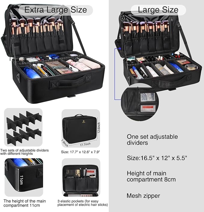 Relavel Extra Large Makeup Case, Makeup Artist Set Bag Professional Cosmetic Organizer Bag Storage Box with Makeup Brush Holder, Adjustable Dividers and Shoulder Strap, Black - Image 7