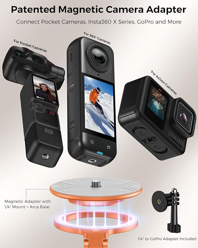OMOTON TP02-Ultra Multi-Device Camera & Phone Mount with 1/4"Adapter Orange | Built-In 1/4" & Arca Base, Clamp, Magnetic & Tripod Setups for iPhone, Pocket/Action Cameras, Overhead & Low-Angle Filming - Image 3