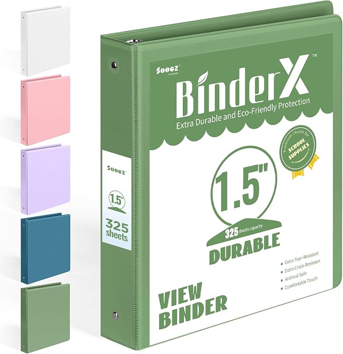 BinderX 3 Ring Binder 1.5 Inch, 1.5" Clear View Binder, Olive Green, Letter | Extra Durable, PVC-Free, Customizable, Interior Pockets, 325-Sheet Capacity, Eco-Friendly, Reinforced Hinge, School, Office by Sooez