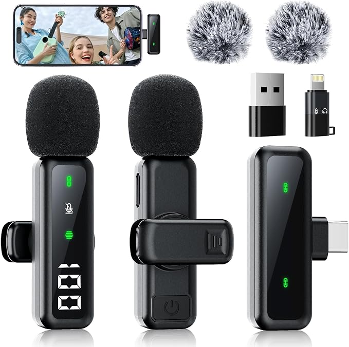 Microphone for iPhone & Android, Wireless Mini Microphone | Battery Display, Clear Voice, Noise Cancelling, Lavalier Mic for TikTok, YouTube & Interviews, Dual Mic by Unknown