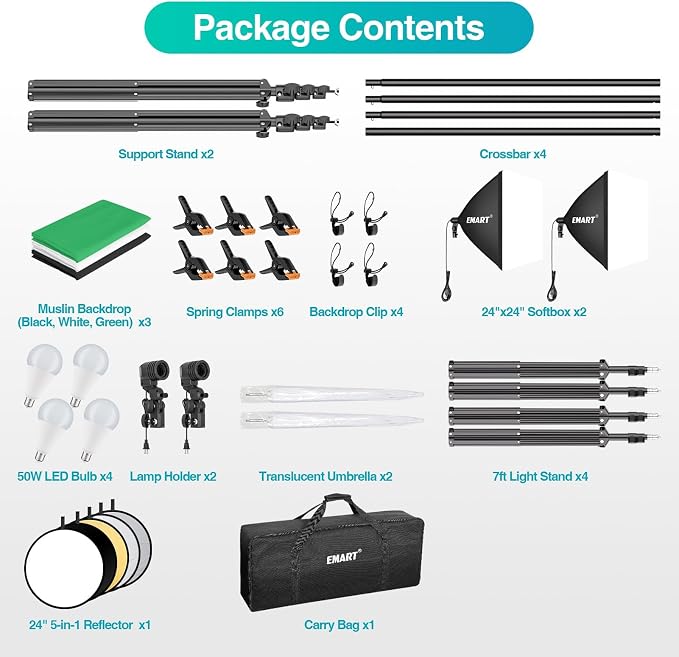 EMART Photography Lighting Kit with 8.5x10Ft Backdrop Stand,6x9FT Backdrops | Softbox Lighting Kit with 5500K 50W LED, Reflector, Umbrellas&Soft Box, Photo Studio Equipment for Portrait Video Shoot Vlog - Image 9