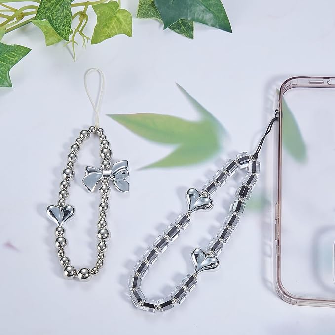 BEEFLYING Heart Beaded Phone Charm Wrist Strap for Case, Grey, 2 Pcs | Acrylic Cell Phone Chain with Bowknot Heart, for Bag Keychain Camera Wallet - Image 4