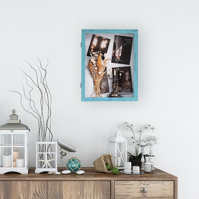 Muzilife 11x14 Shadow Box Picture Frame, 2.16 Deep, HD Glass, Rustic Blue | FSC-Wood, Magnetic Door, Linen Interior & Pins, Vertical, Horizontal Wall Hanging, Display Case Frame for Photos & Keepsakes - Image 6