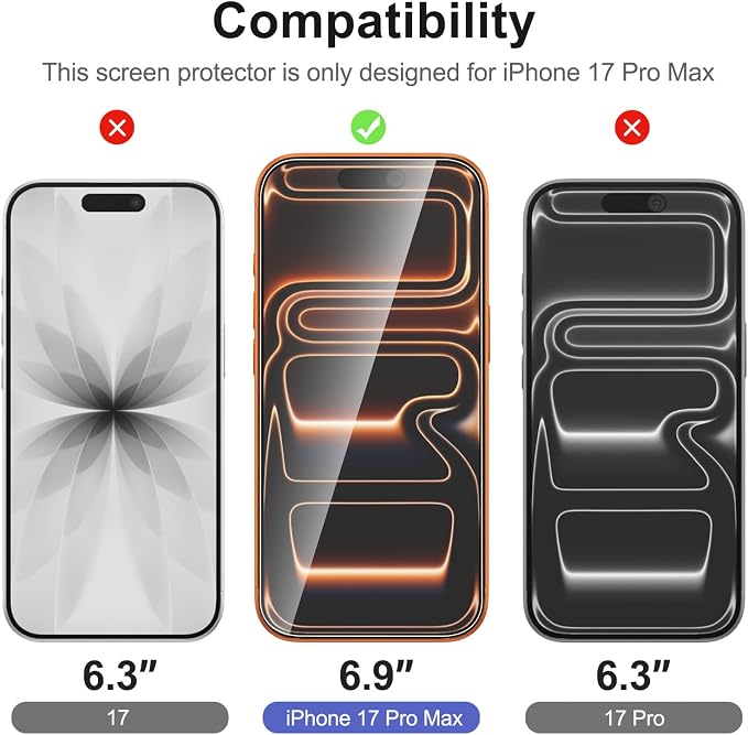 NEW'C 3x Screen Protector for iPhone 17 Pro Max (6.9 inches)+ 3x Camera Lens Protector, Sensor Protection, Case Friendly Tempered Glass Film, Ultra Resistant, Easy installation tool include - Image 2