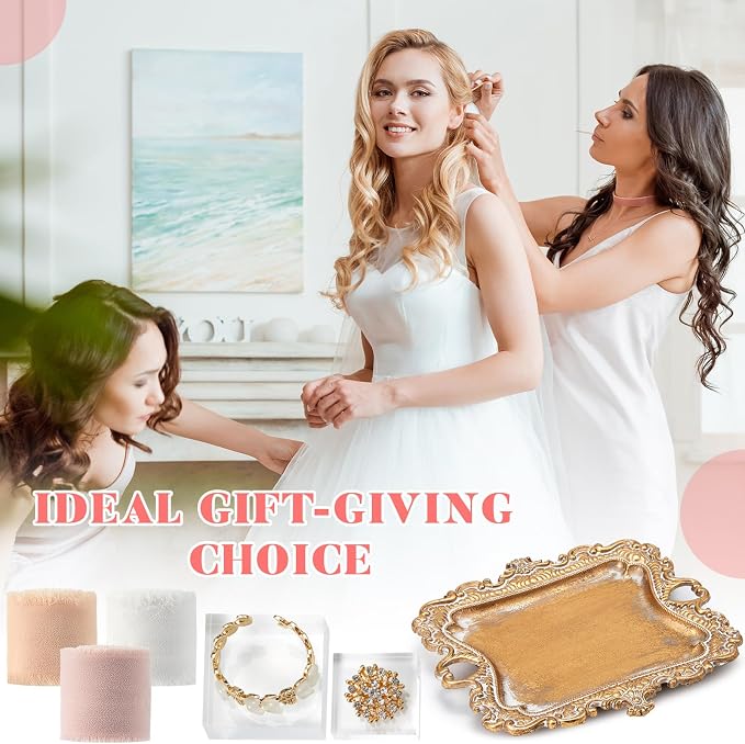 Cinnvoice 8 Pcs Flat Lay Photography Props Set for Jewelry & Wedding Details, Vintage Jewelry Tray, Acrylic Display Blocks, Chiffon Silk Ribbon for Bridal Party Decor Gift(4 Square Bases) - Image 7