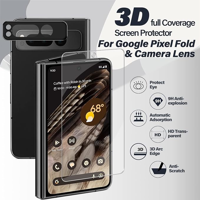 Pixel Fold Tempered Glass Screen Protector + Camera Lens Protector [ 2 + 2 Pack ][Fingerprint Unlock] [Anti-Scratch] [Case Friendly] HD Clear Protective Film for Google Pixel Fold - Image 2