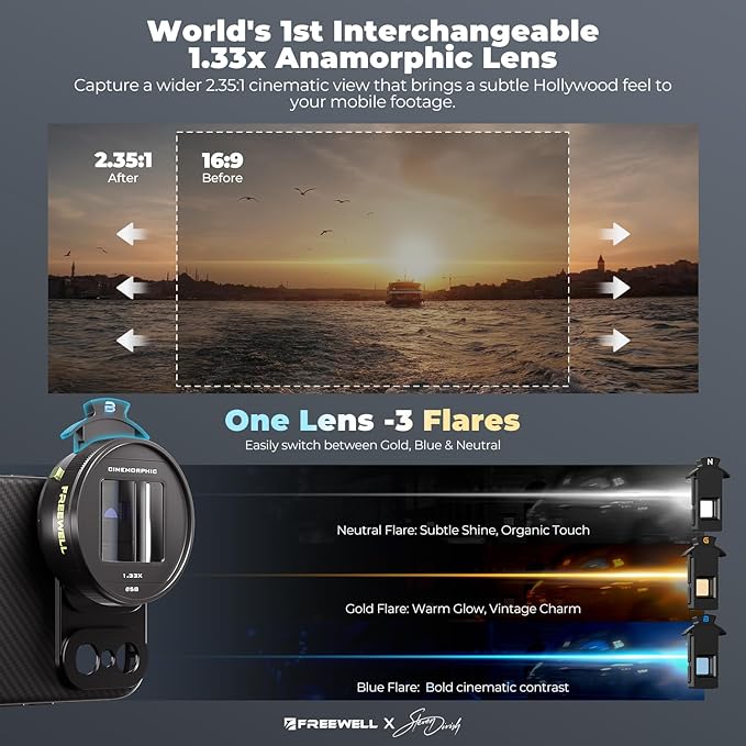 Freewell 1.33x Anamorphic Lens for iPhone & Samsung - 3 Flare Colors in One Lens (Neutral, Gold, Blue) - Cinematic Smartphone Lens with Oval Bokeh - Compatible with 17mm Mount Phone Case & Cage. - Image 2