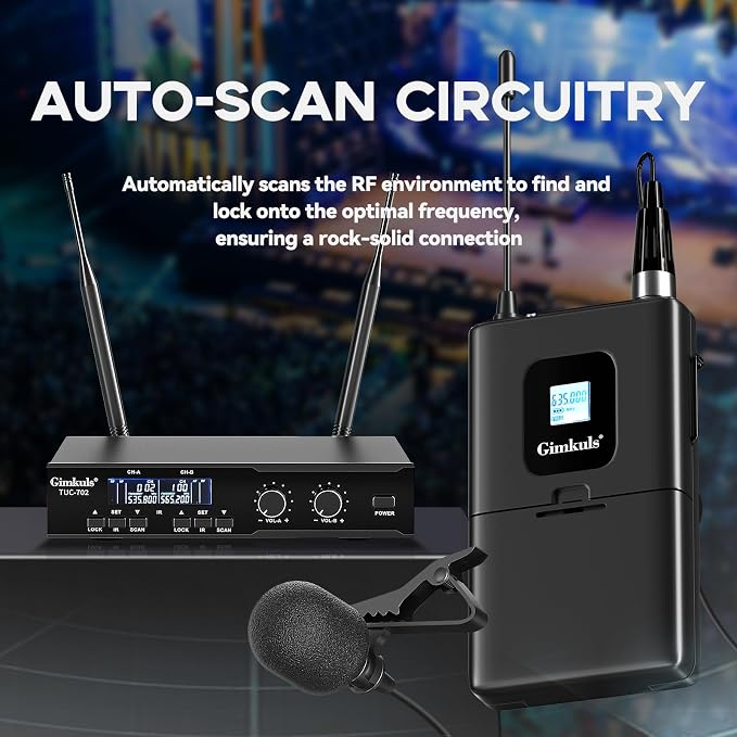 Gimkuls Wireless Lavalier Microphone System, Dual UHF Cordless Lapel Mic Set with 2 Bodypacks, 200 Channels, 328ft Range, XLR/6.35mm Outputs for Church, Speaking, Teaching, Interview - Image 3