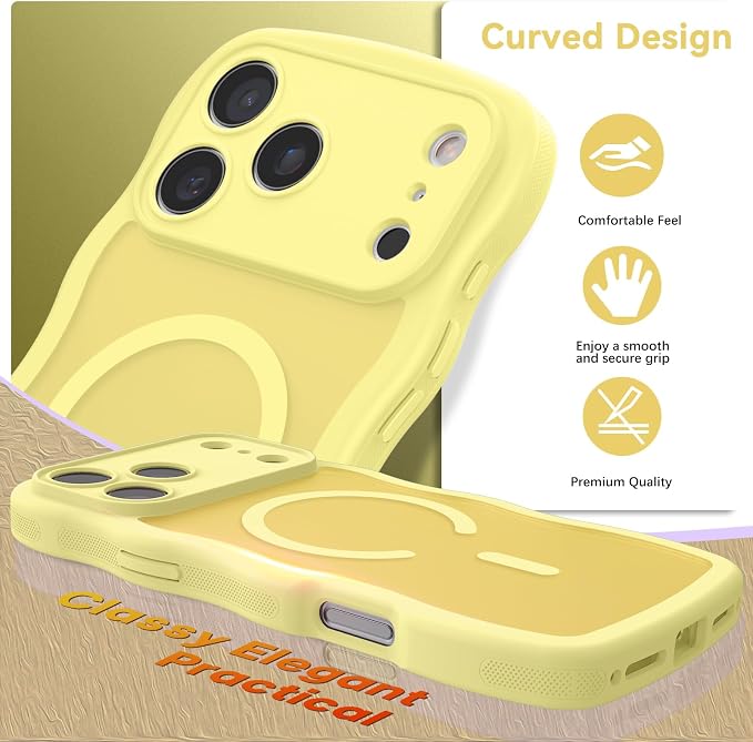 BENTOBEN Magnetic for iPhone 17 Pro Max Case, Cute Wavy [Full Camera Protection][Compatible with MagSafe] Matte Anti-Slip Bumper Women Men Boys Protective Cover for 17 ProMax 6.9", Yellow - Image 2