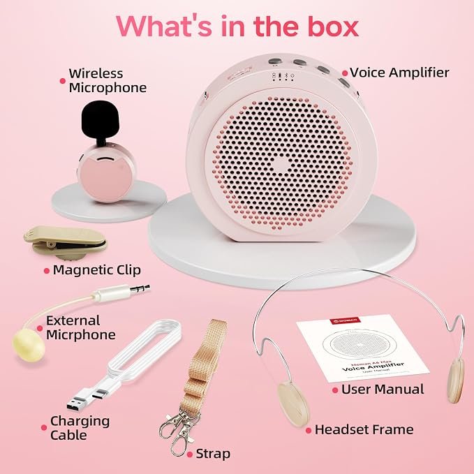 Moman Wireless Voice Amplifier with Lavalier Mic, 20H Battery 164ft Range Sensitive Pickup Noise Reduction PA System Bluetooth Portable Magnetic Charging Dock, Amplifier for Teacher Yoga Tour, Pink - Image 9