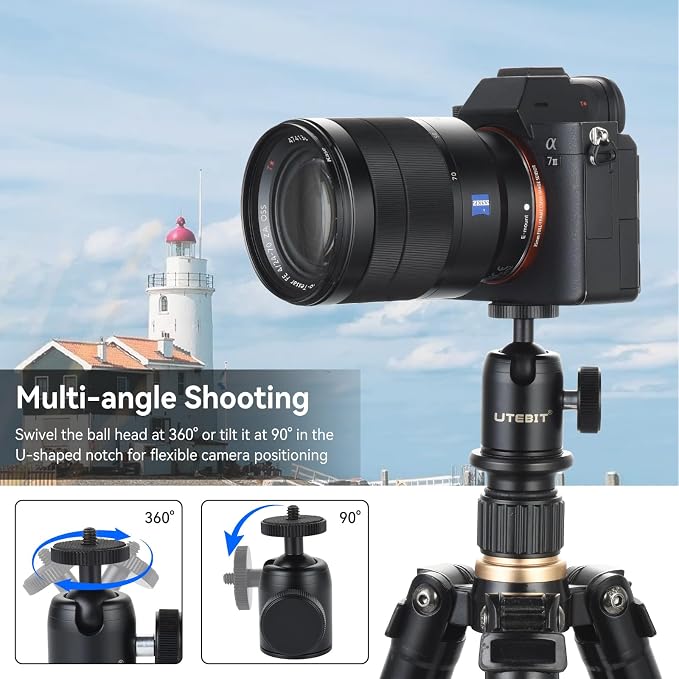 UTEBIT Mini Ball Head, with 3/8" to 1/4" Adapter Ballheads Black | 360° Pan 90° Tilt Tripods Mount with 24mm Ball Head Metal Low Profile, Camera Mount Adapter Holder for Phone/DLSR Camera - Image 4