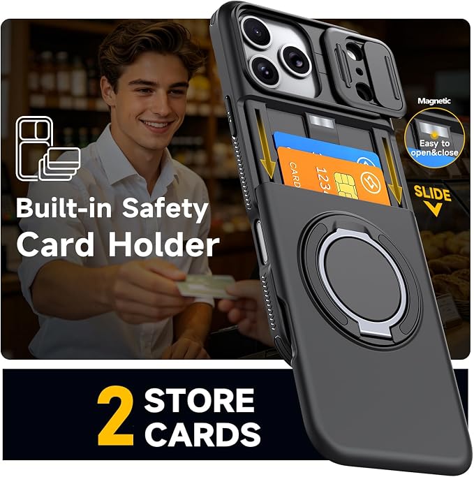 for iPhone 17 Pro Wallet Case with Card Holder Slide Camera Cover Ring Stand Kickstand Heavy Duty Protective Case with Screen Protector for iPhone 17 Pro （Black - Image 3