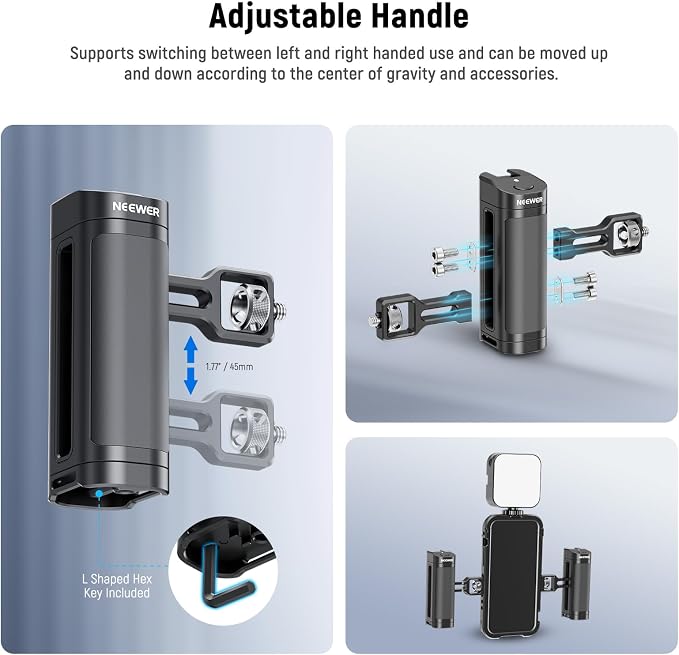 NEEWER Side Handle Grip with Wireless Remote Control Button Shutter Trigger for Smartphone Cage Video Rig, 2 Mount Adapters with 1/4" Screws & Locating Pins, Compatible with SmallRig Cages, PA005E - Image 5