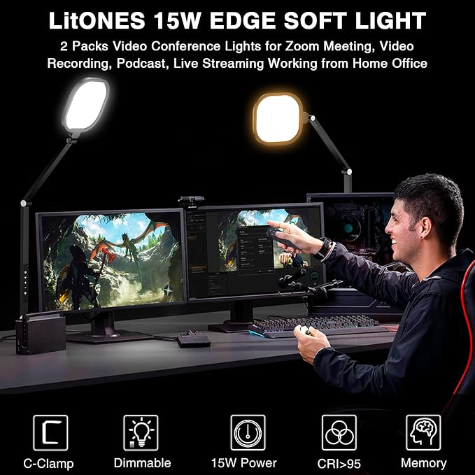 2 Packs Video Conference Light for Computer, Webcam, Video Recording | 15W LitONES Desk Ring Light for Zoom Calls Meeting with C-Clamp & Metal Swing Arm, Remote, Memory & Timing CRI 97.8 - Image 2