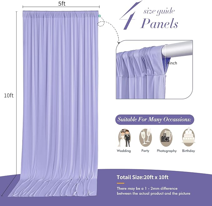 20 ft x 10 ft Wrinkle Free Lavender Backdrop Curtain for Parties, Polyester Light Purple Photo Backdrop Drapes 4 Panels 5x10ft for Baby Shower Photoshoot Wedding Birthday Party Photography Curtains - Image 5