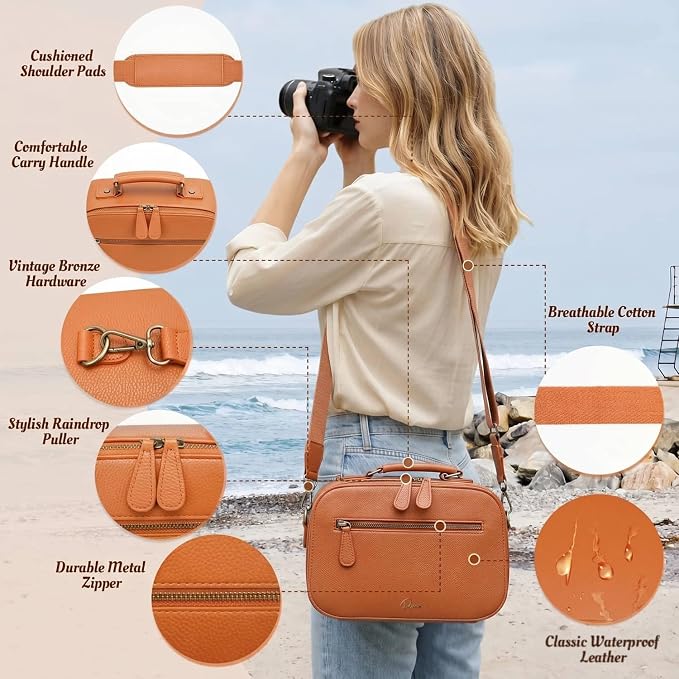 Camera Sling Bag, Waterproof PU Leather Crossbody Camere Bag for Photographers, Small Shockproof Case with Removable Dividers for DSLR/SLR/Mirrorless, 4L Brown - Image 4