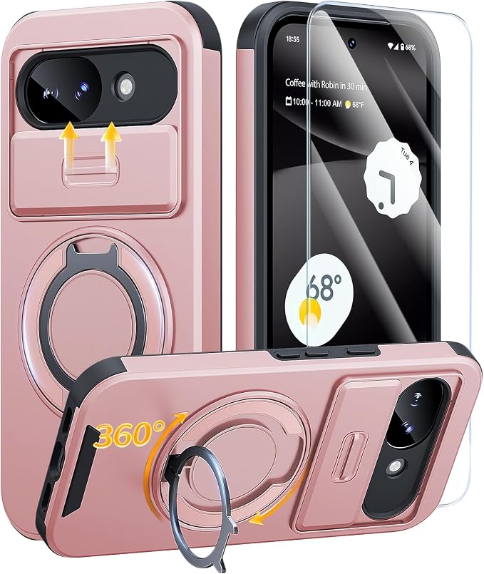 JAME for Google Pixel 10A Case with Ring Stand & Slide Camera Cover Pink | Ring Holder Kickstand, Screen Protectors, Dual-Layer Shockproof Protective, Magnetic Accessory Friendly Phone Case, Pink by JAME
