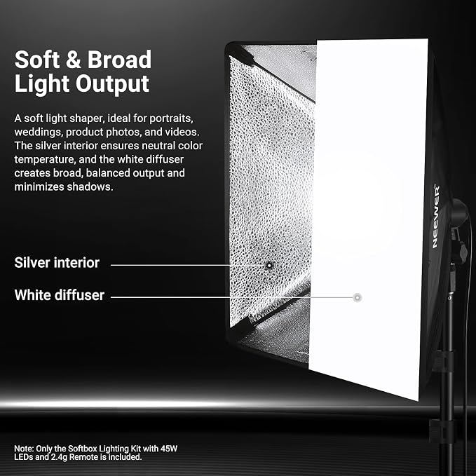 NEEWER 24"x24" 450W Equivalent Softbox Lighting Kit w Tripod Stand, NK104 | 45W Bi Color 2.4G LED Bulb, Remote, 10 Channels, 2900K-7000K 1400lx/1m CRI95, Studio Photography Recording Continuous Light - Image 4